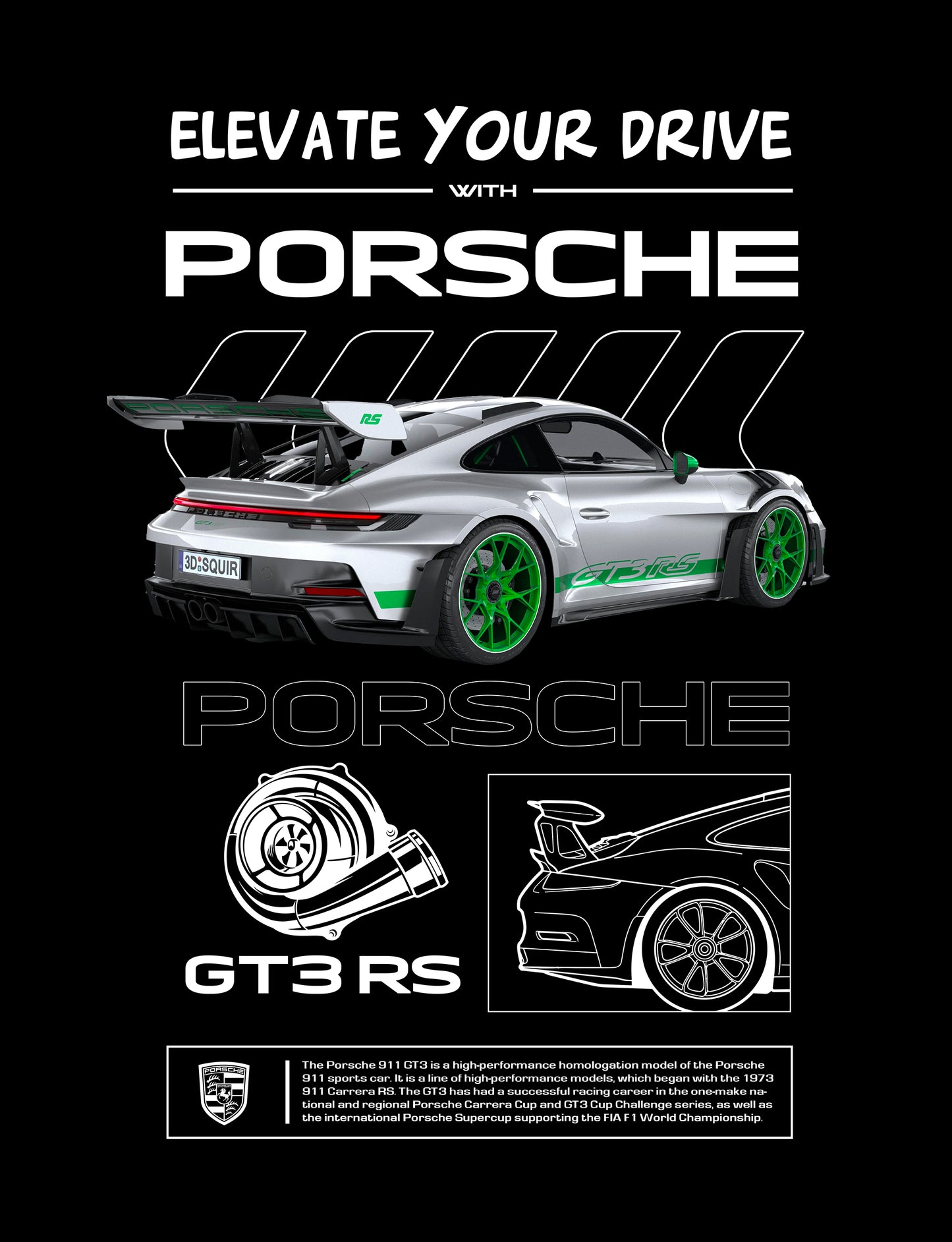 Green Porsche GT3 RS PNG | Transparent Background Digital Download | DTF T-Shirt Graphic