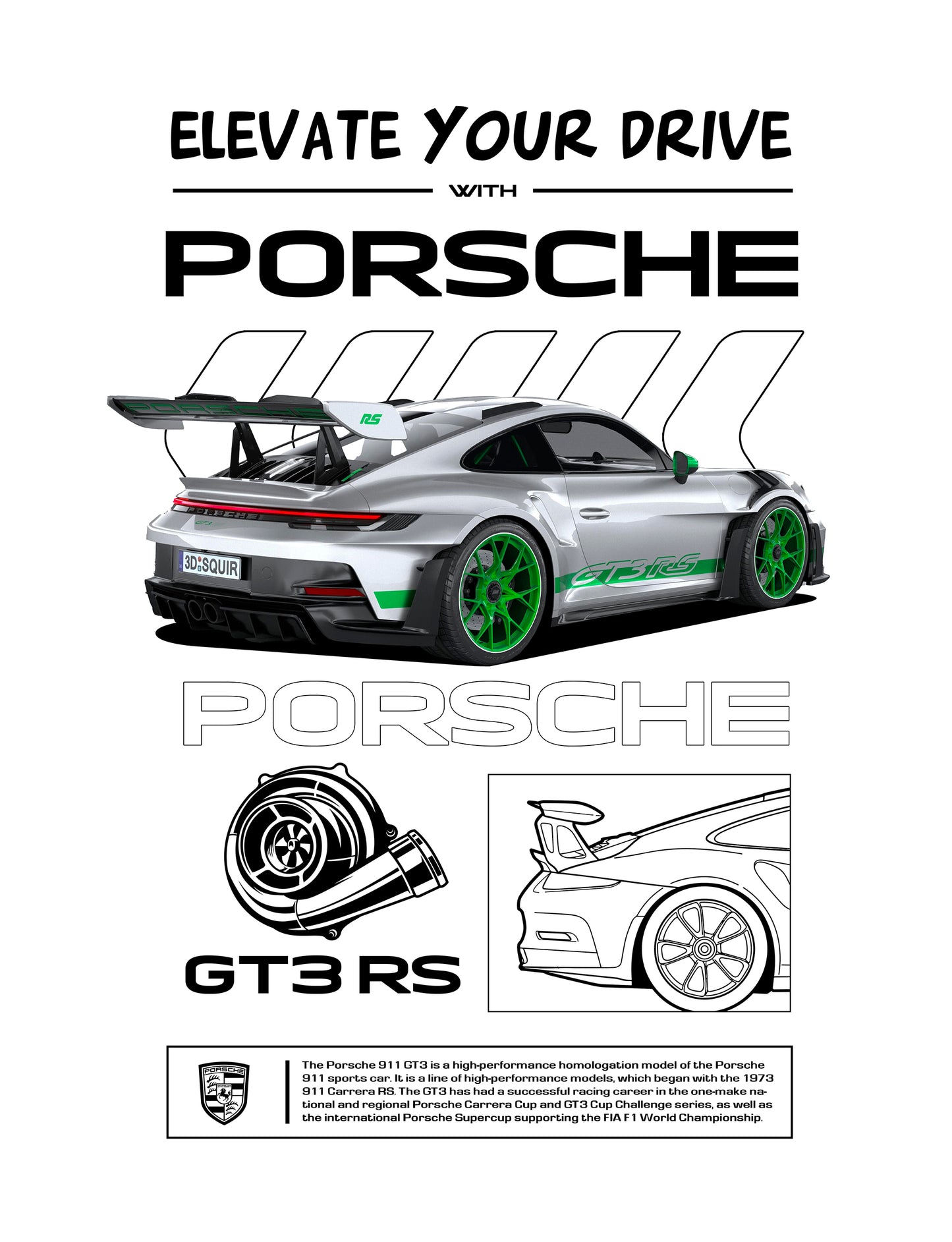 Green Porsche GT3 RS PNG | Transparent Background Digital Download | DTF T-Shirt Graphic