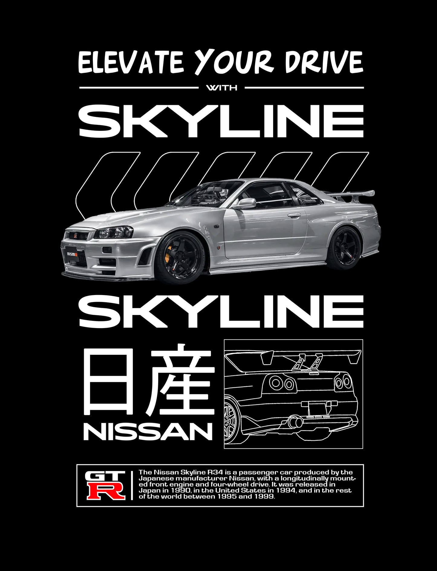 Nissan skyline R34 in Silver PNG | Transparent Background Digital Download | DTF T-Shirt Graphic