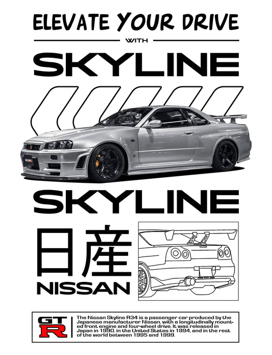 Nissan skyline R34 in Silver PNG | Transparent Background Digital Download | DTF T-Shirt Graphic