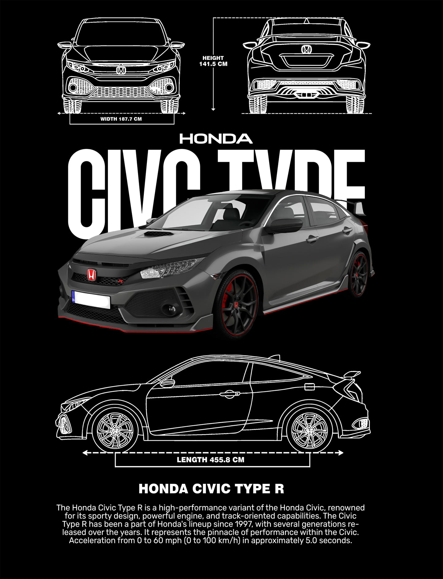 Civic Type R PNG | Transparent Background Digital Download | DTF T-Shirt Graphic