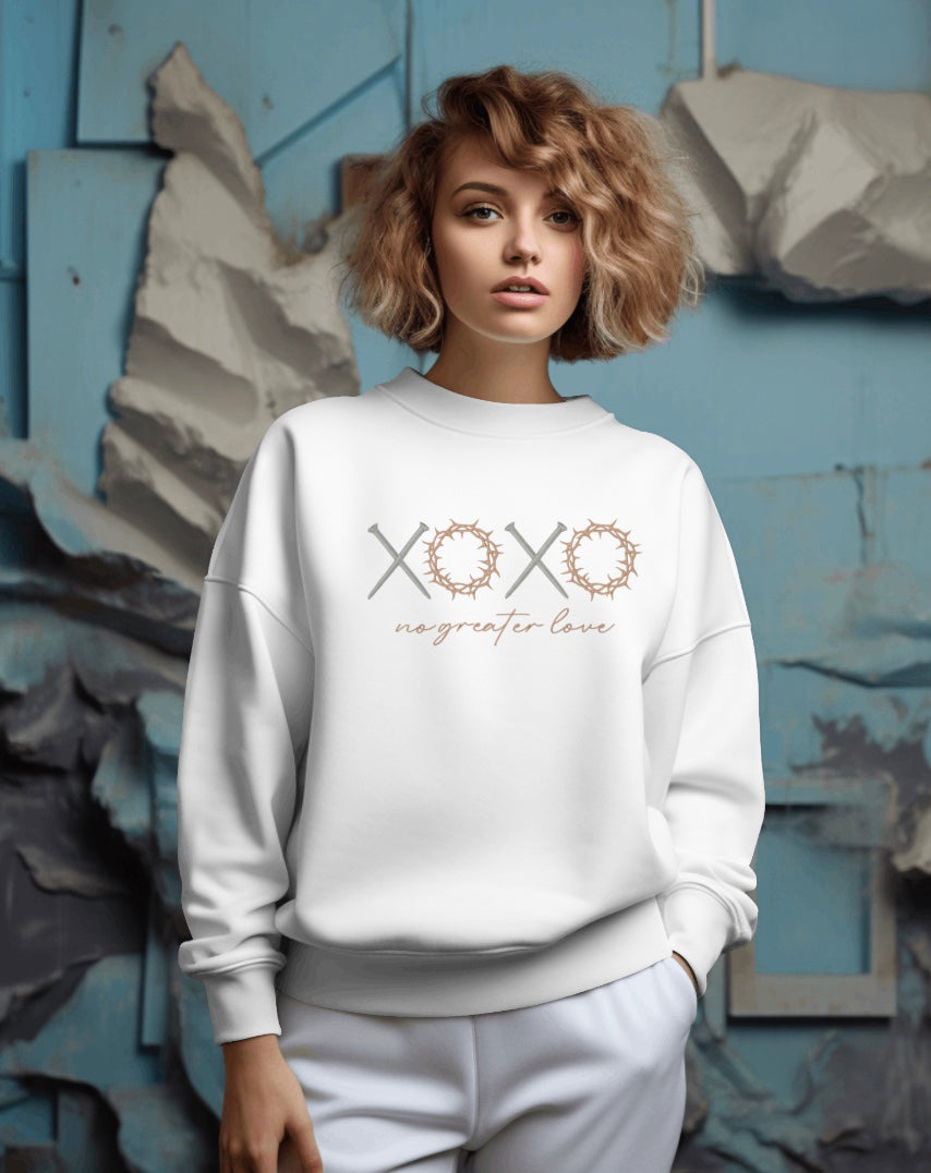 XOXO No Greater Love Christian Sweatshirt | Faith-Based Crewneck | Christian Apparel for Women