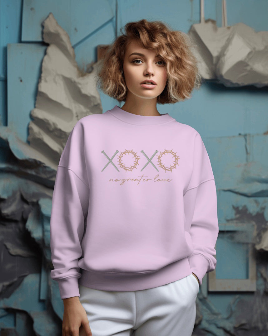 XOXO No Greater Love Christian Sweatshirt | Faith-Based Crewneck | Christian Apparel for Women